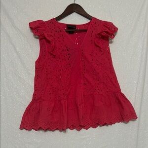 Pink Ruffled Peplum Blouse with Flutter Sleeves